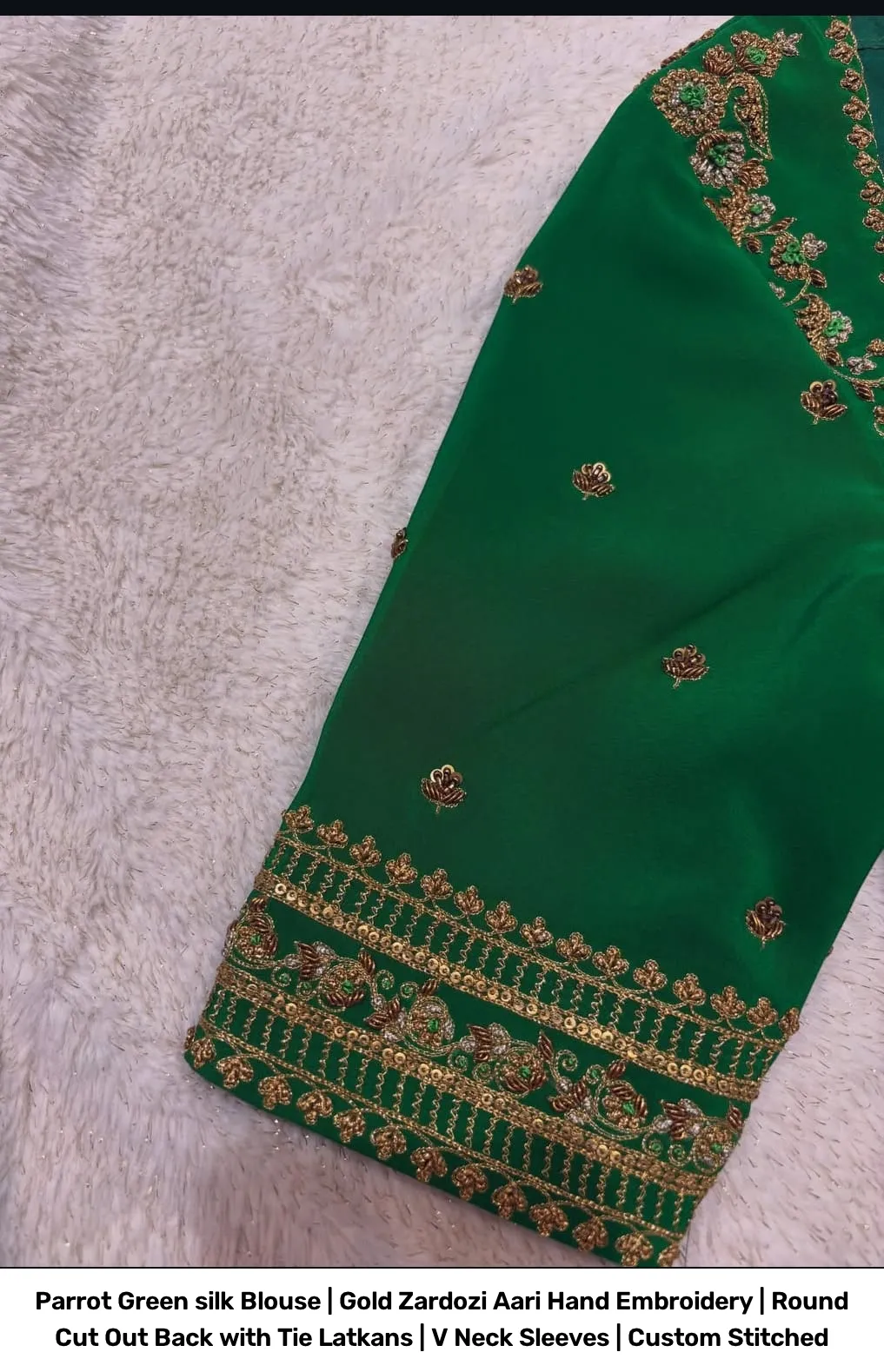 Parrot Green silk Blouse | Gold Zardozi Aari Hand Embroidery | Round Cut Out Back with Tie Latkans | V Neck Sleeves | Custom Stitched 2