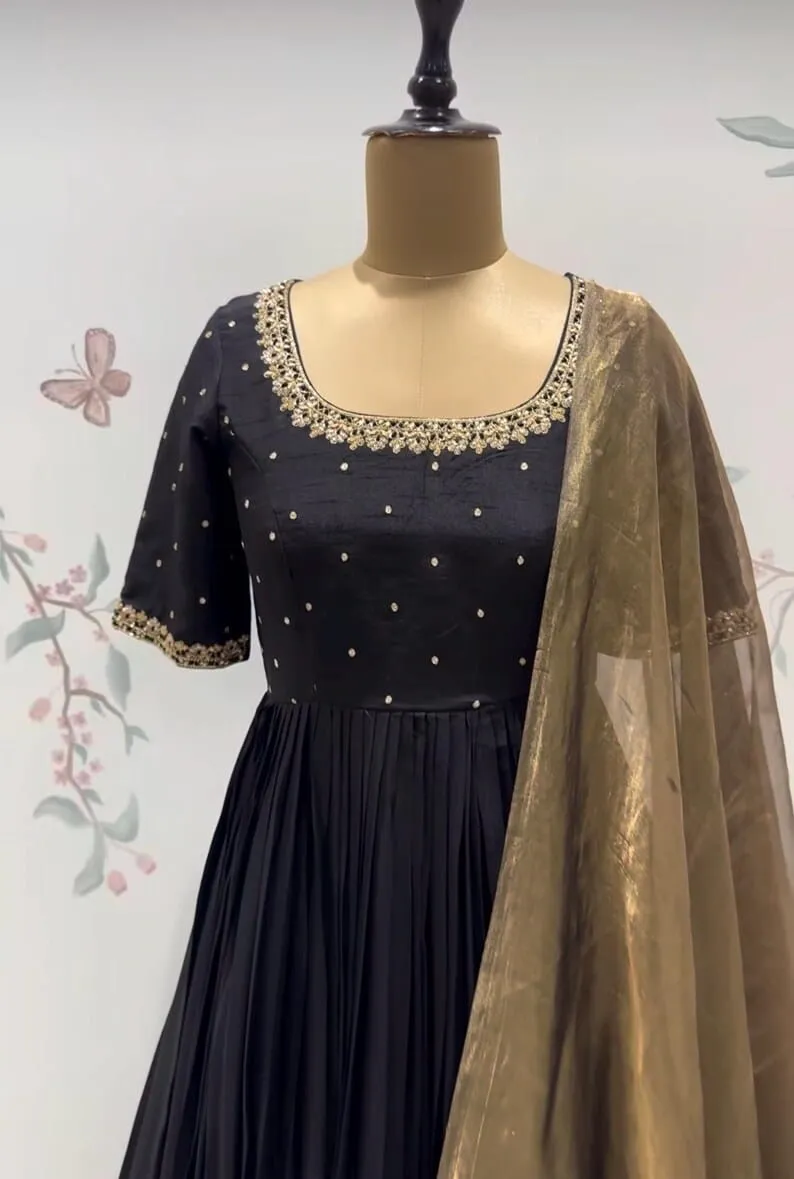 Party Wear Black Pleated Floor Length Ethnic Gown with Zardozi Handwork & Paisley Border Dupatta