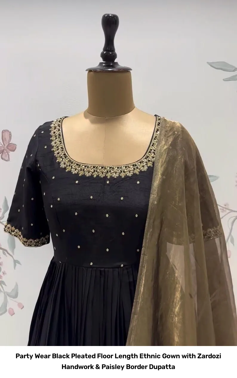 Party Wear Black Pleated Floor Length Ethnic Gown with Zardozi Handwork & Paisley Border Dupatta 2