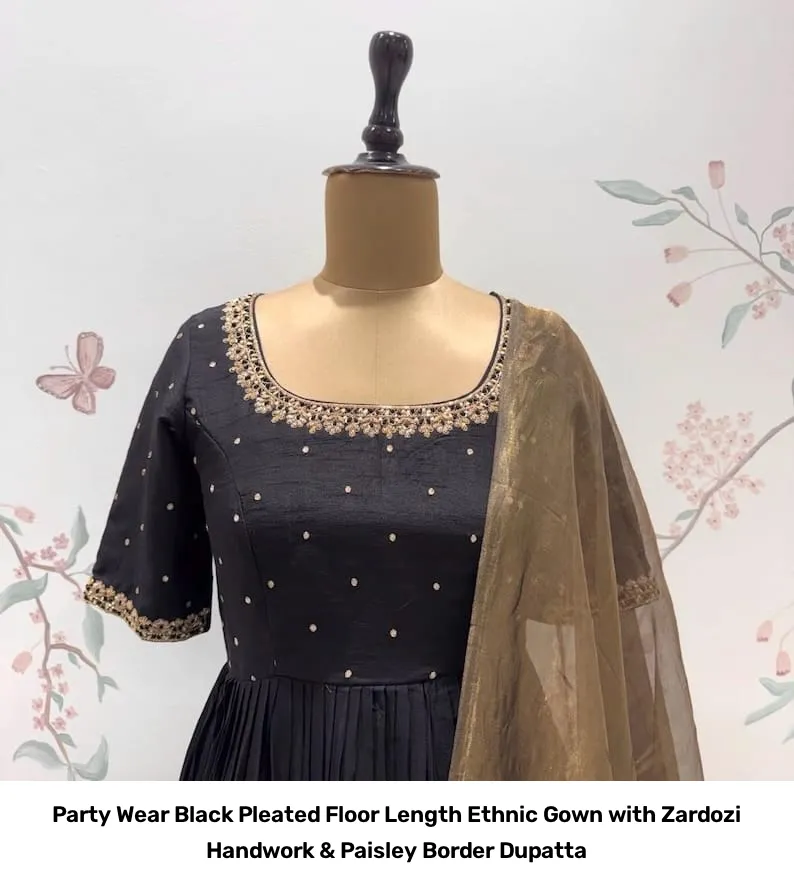 Party Wear Black Pleated Floor Length Ethnic Gown with Zardozi Handwork & Paisley Border Dupatta 3