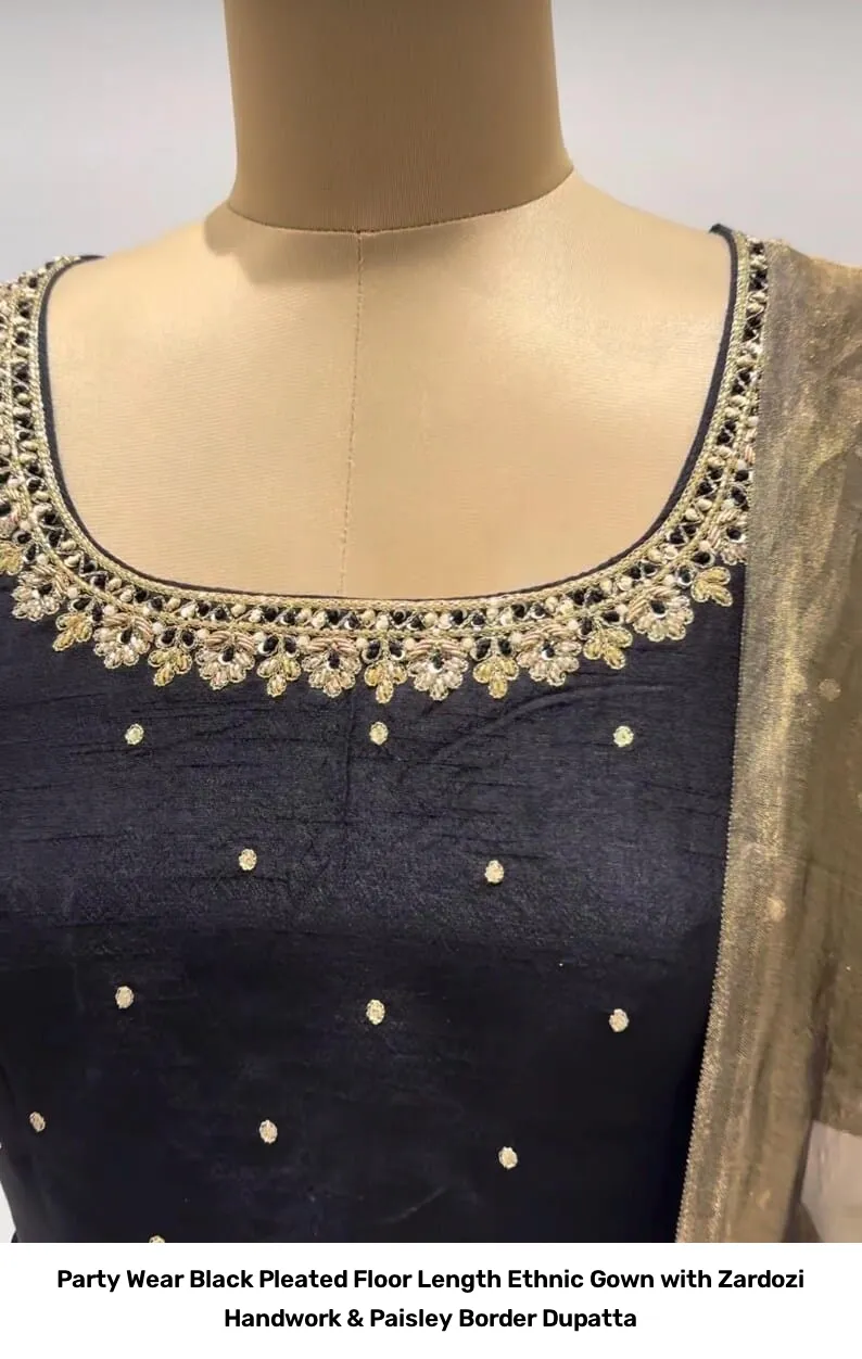 Party Wear Black Pleated Floor Length Ethnic Gown with Zardozi Handwork & Paisley Border Dupatta 4