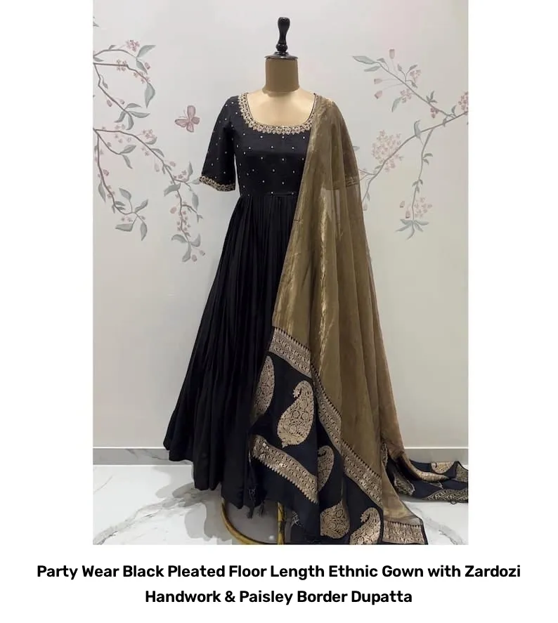 Party Wear Black Pleated Floor Length Ethnic Gown with Zardozi Handwork & Paisley Border Dupatta 5