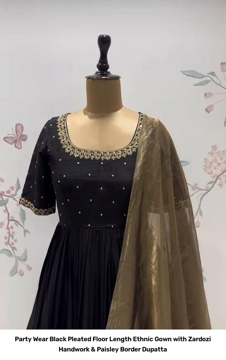 Party Wear Black Pleated Floor Length Ethnic Gown with Zardozi Handwork & Paisley Border Dupatta 6