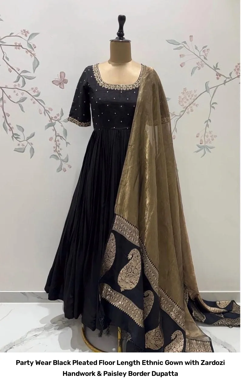 Party Wear Black Pleated Floor Length Ethnic Gown with Zardozi Handwork & Paisley Border Dupatta 7