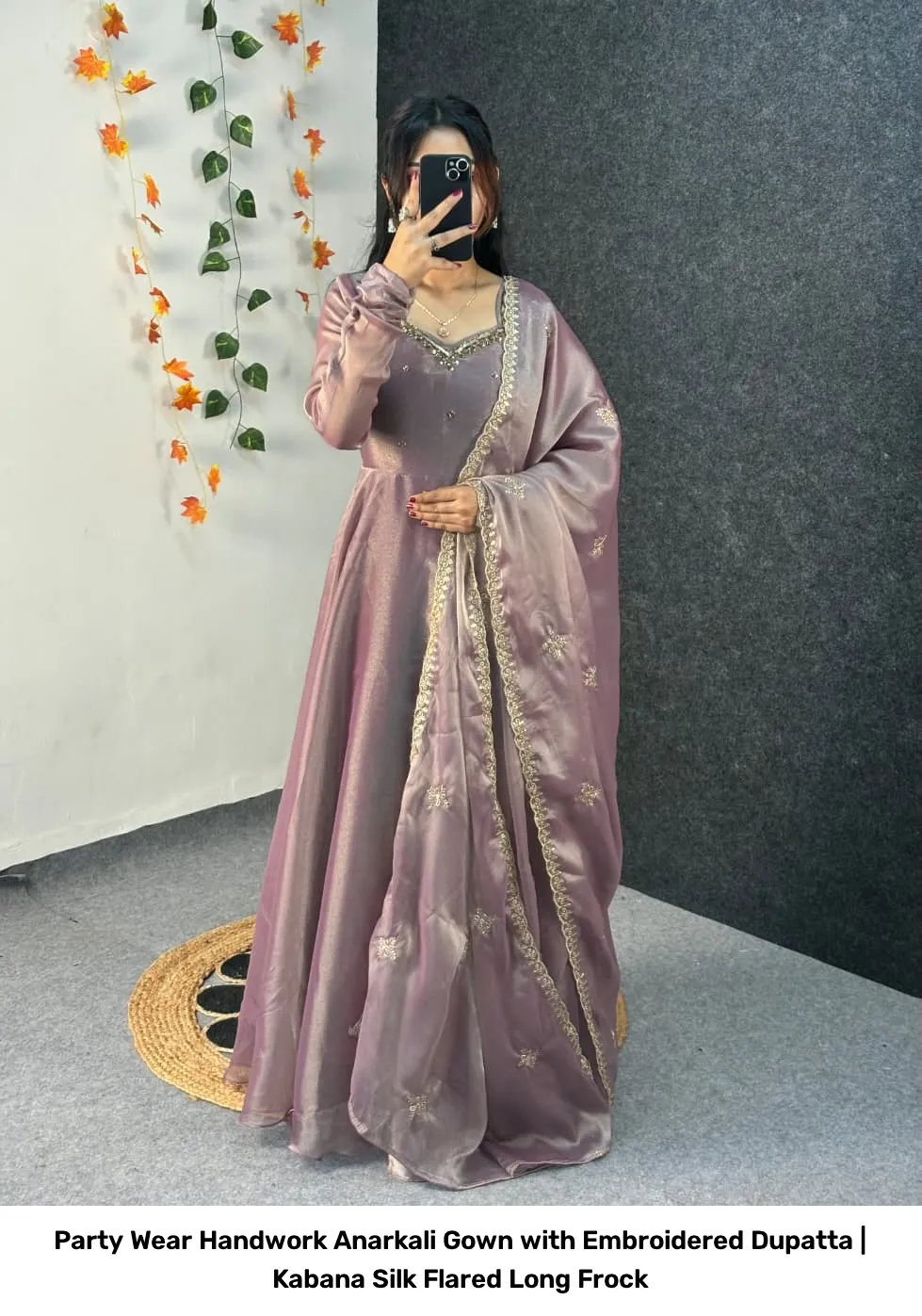 Party Wear Handwork Anarkali Gown with Embroidered Dupatta | Kabana Silk Flared Long Frock 12
