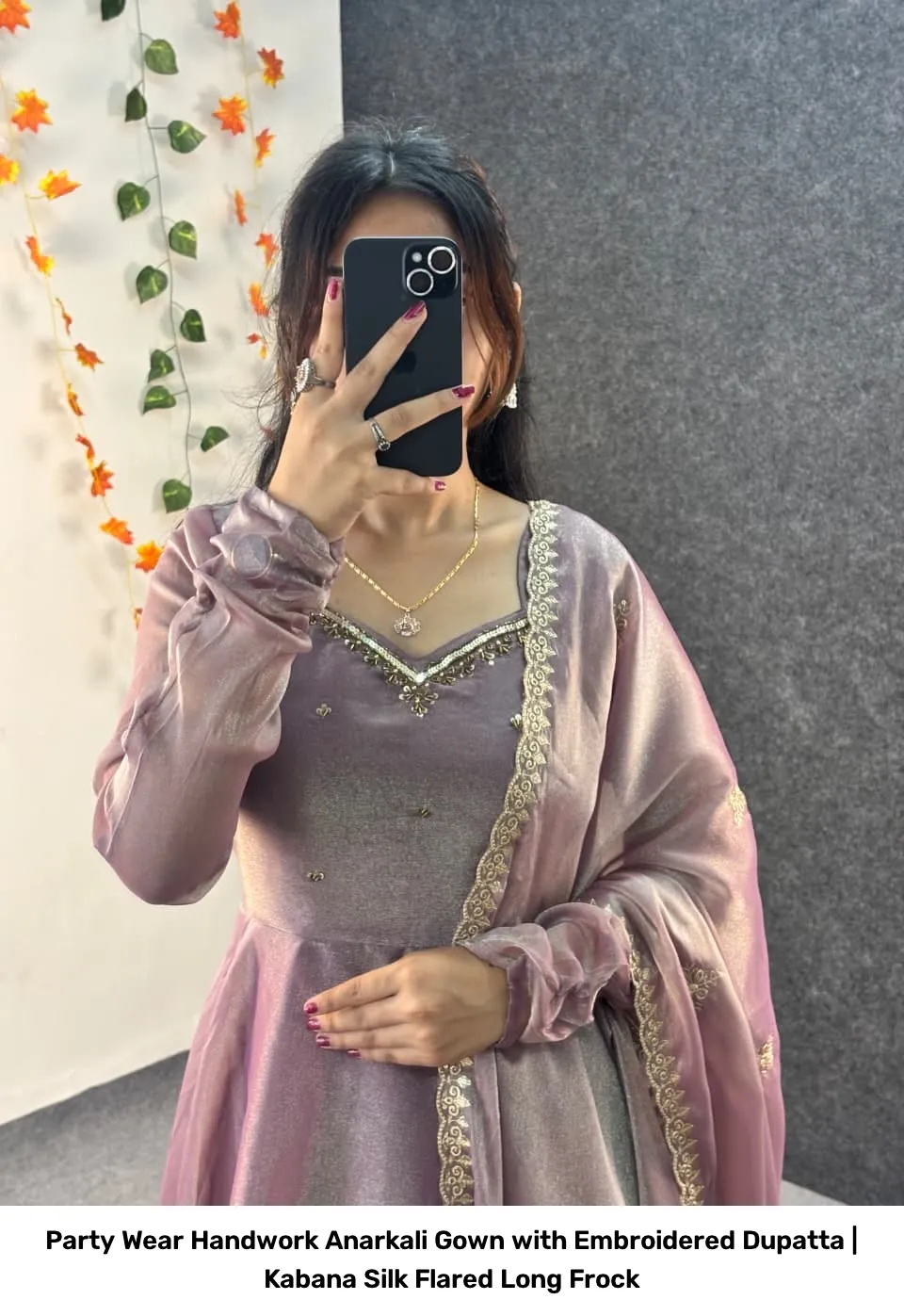 Party Wear Handwork Anarkali Gown with Embroidered Dupatta | Kabana Silk Flared Long Frock 13
