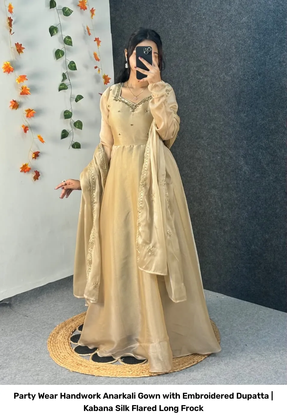 Party Wear Handwork Anarkali Gown with Embroidered Dupatta | Kabana Silk Flared Long Frock 14