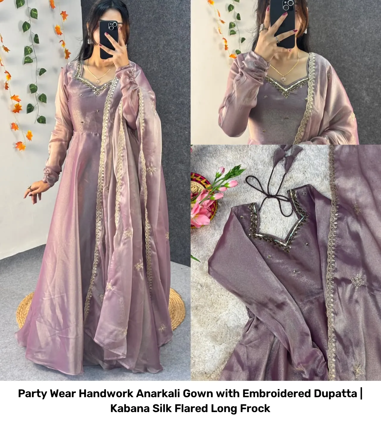 Party Wear Handwork Anarkali Gown with Embroidered Dupatta | Kabana Silk Flared Long Frock 15