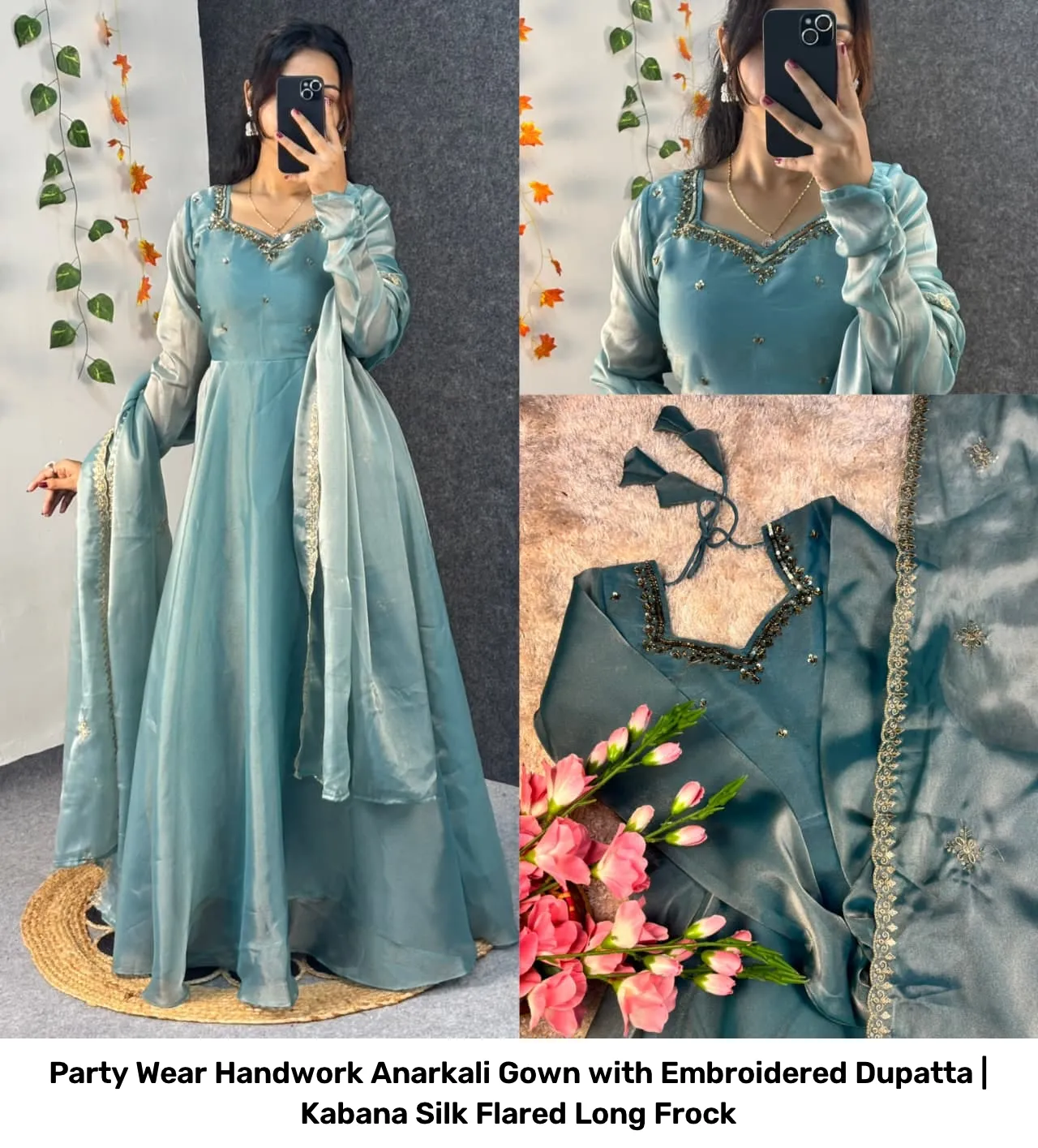 Party Wear Handwork Anarkali Gown with Embroidered Dupatta | Kabana Silk Flared Long Frock 16