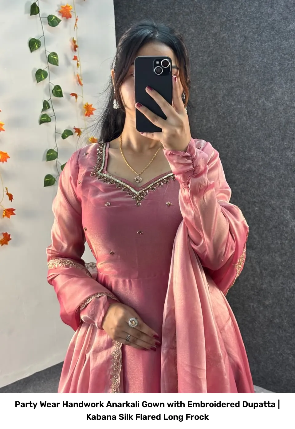 Party Wear Handwork Anarkali Gown with Embroidered Dupatta | Kabana Silk Flared Long Frock 2