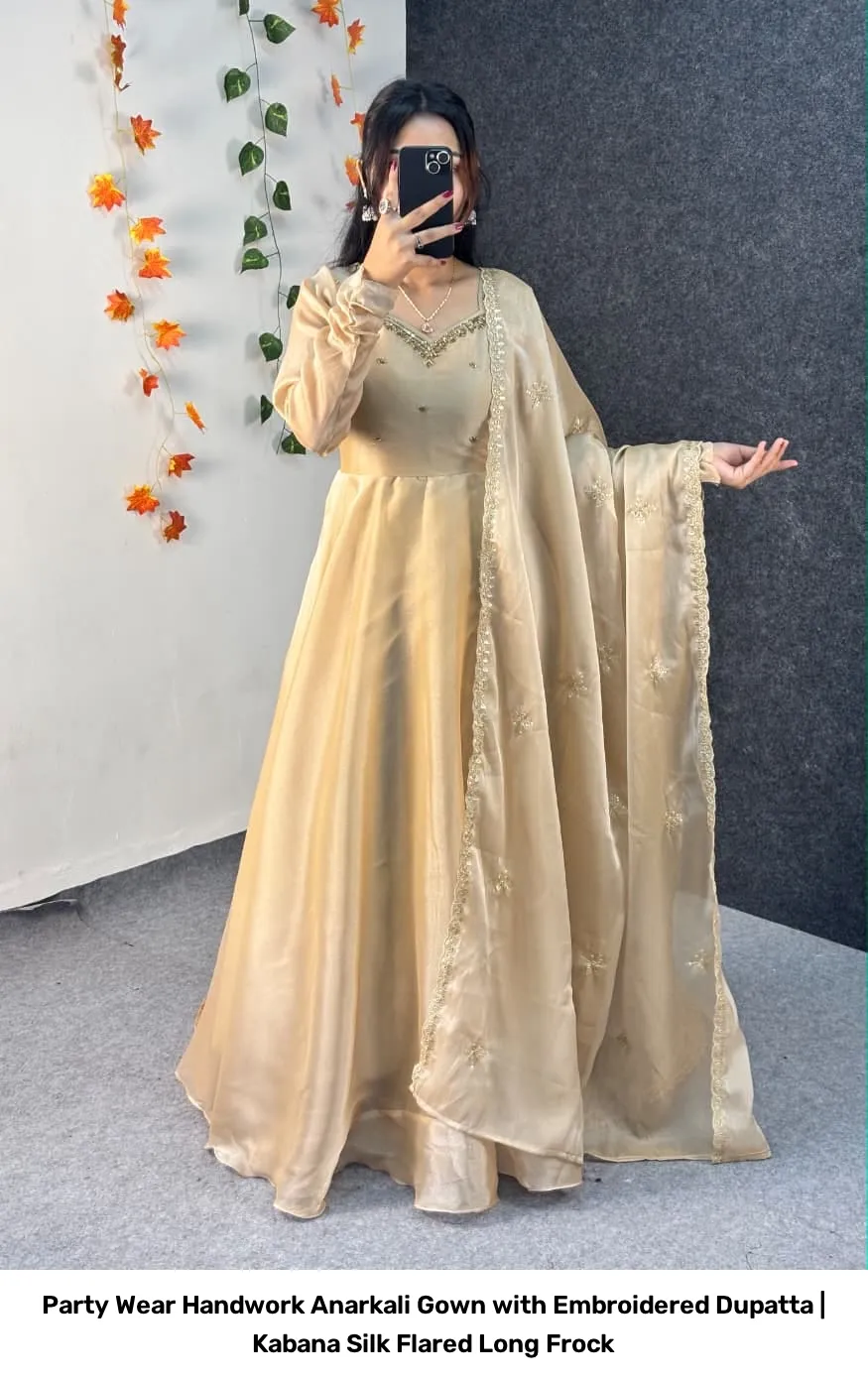 Party Wear Handwork Anarkali Gown with Embroidered Dupatta | Kabana Silk Flared Long Frock 21