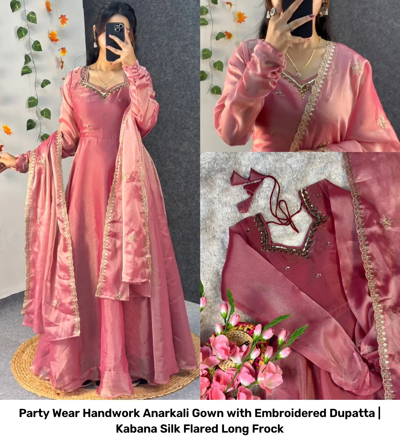 Party Wear Handwork Anarkali Gown with Embroidered Dupatta | Kabana Silk Flared Long Frock 23