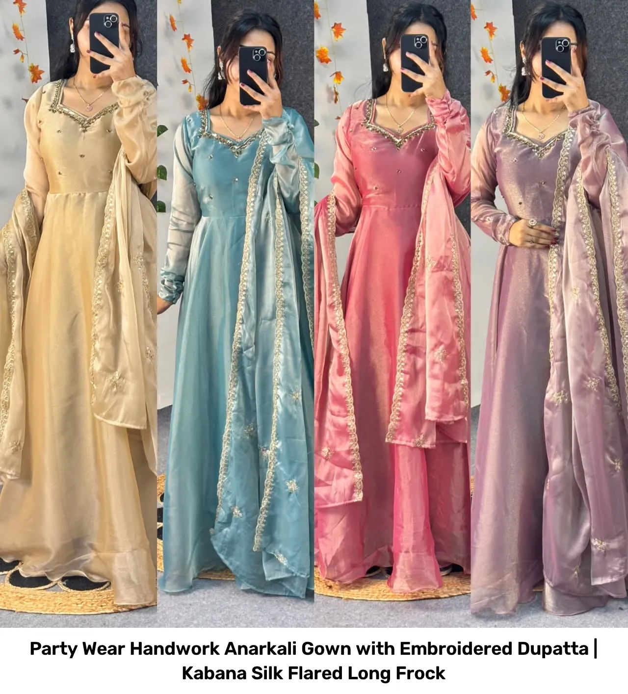 Party Wear Handwork Anarkali Gown with Embroidered Dupatta | Kabana Silk Flared Long Frock 24
