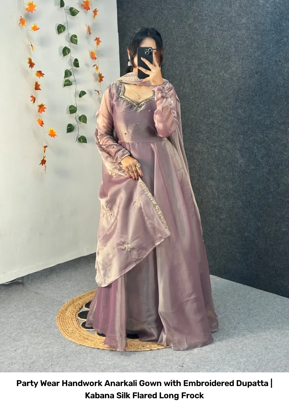 Party Wear Handwork Anarkali Gown with Embroidered Dupatta | Kabana Silk Flared Long Frock 27
