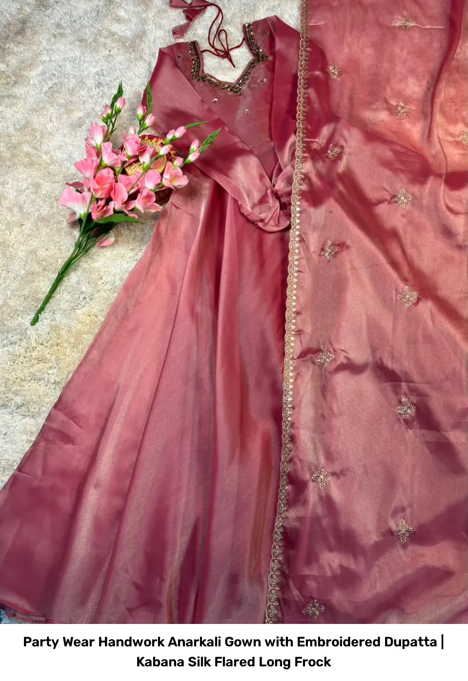 Party Wear Handwork Anarkali Gown with Embroidered Dupatta | Kabana Silk Flared Long Frock 28