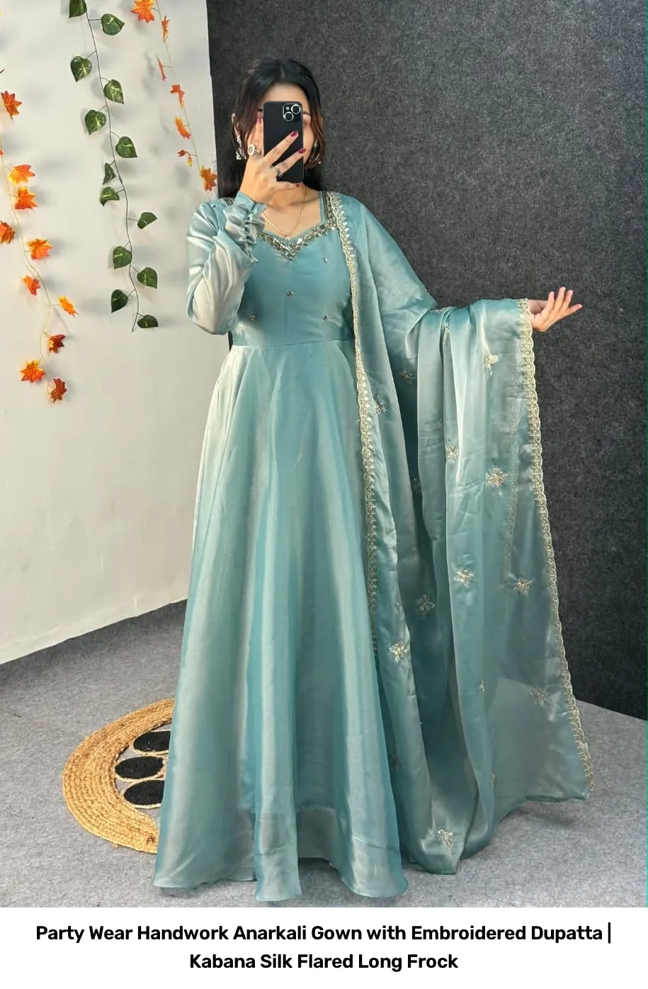 Party Wear Handwork Anarkali Gown with Embroidered Dupatta | Kabana Silk Flared Long Frock 29