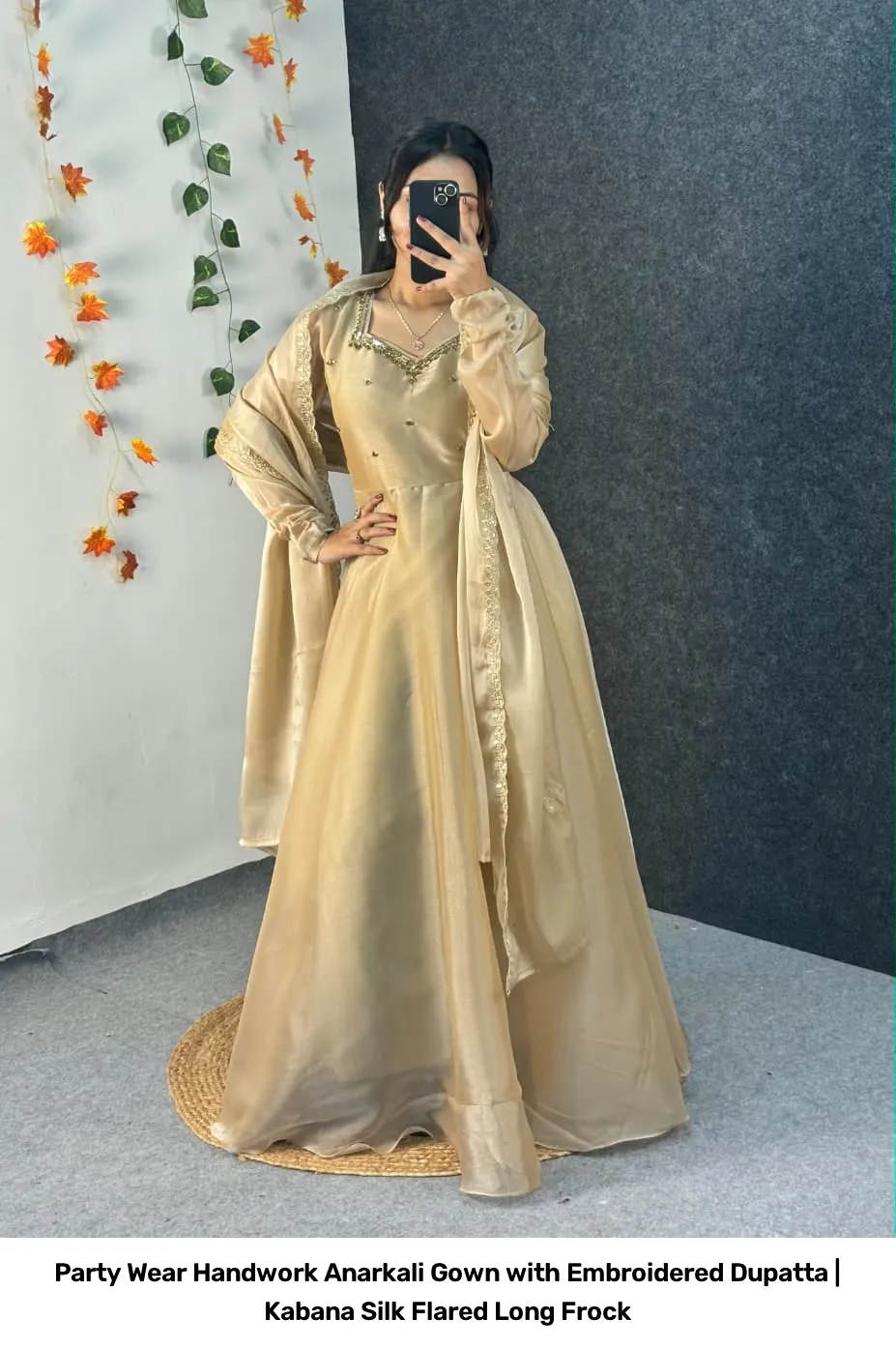 Party Wear Handwork Anarkali Gown with Embroidered Dupatta | Kabana Silk Flared Long Frock 31