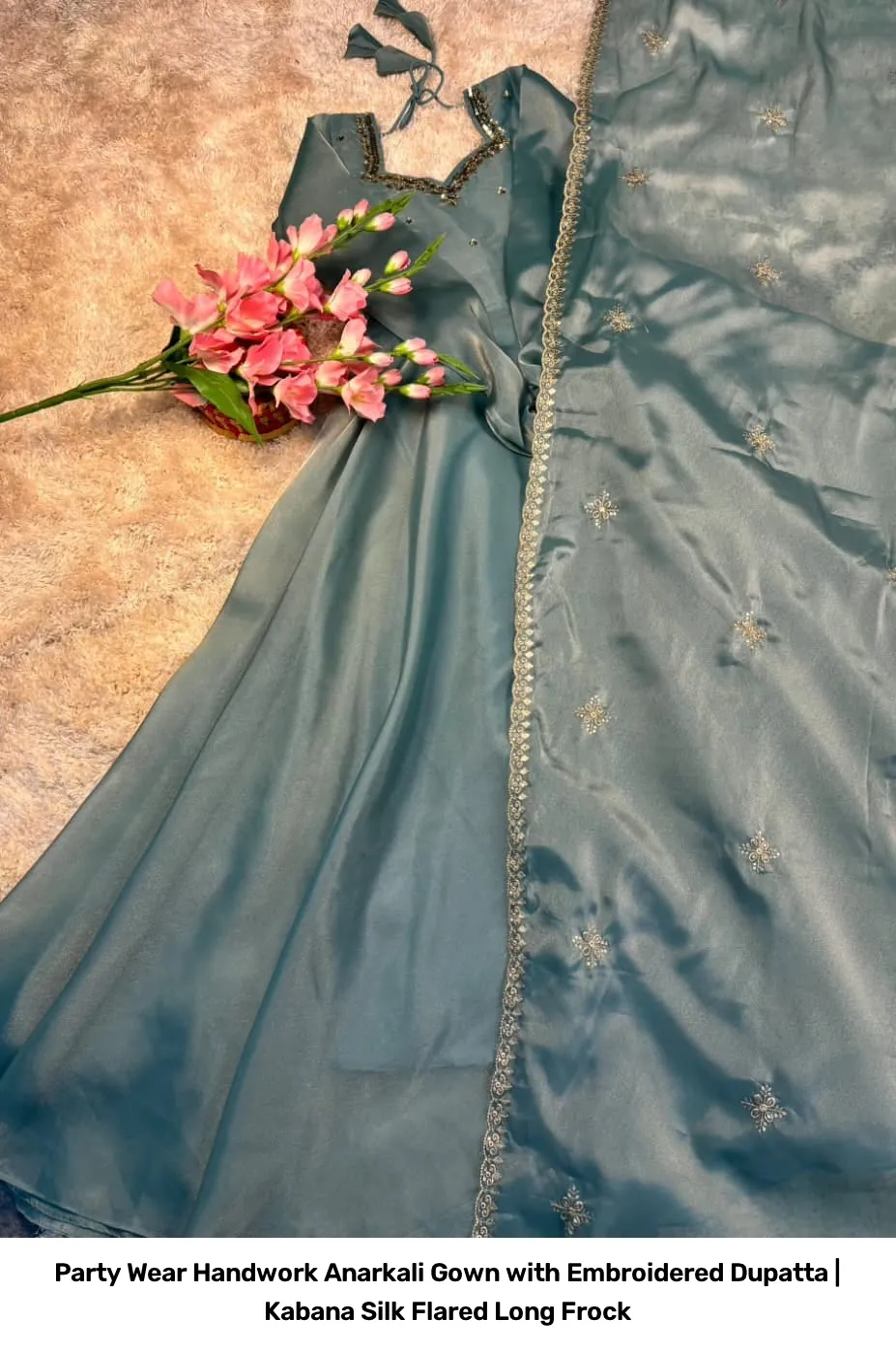 Party Wear Handwork Anarkali Gown with Embroidered Dupatta | Kabana Silk Flared Long Frock 4