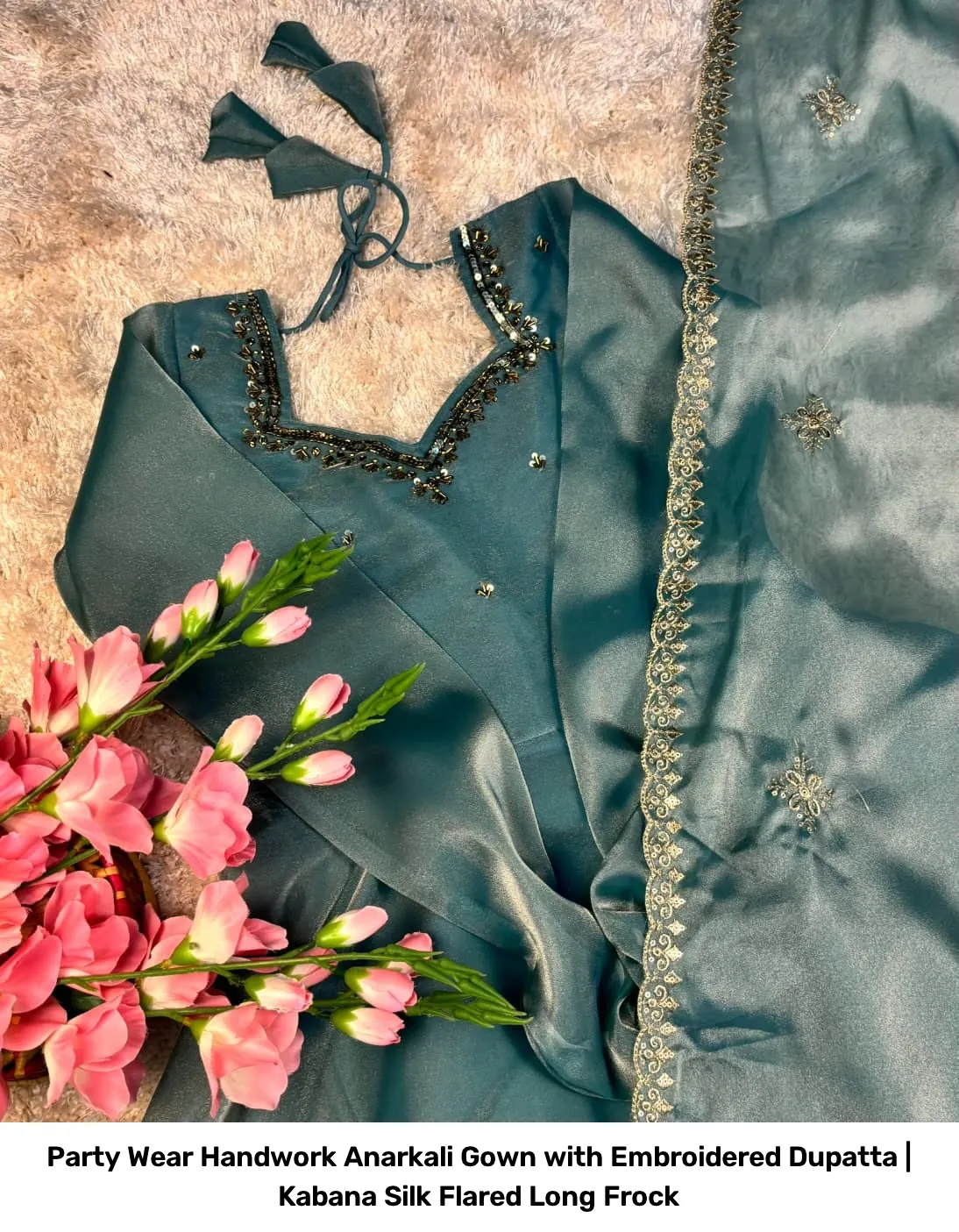 Party Wear Handwork Anarkali Gown with Embroidered Dupatta | Kabana Silk Flared Long Frock 7