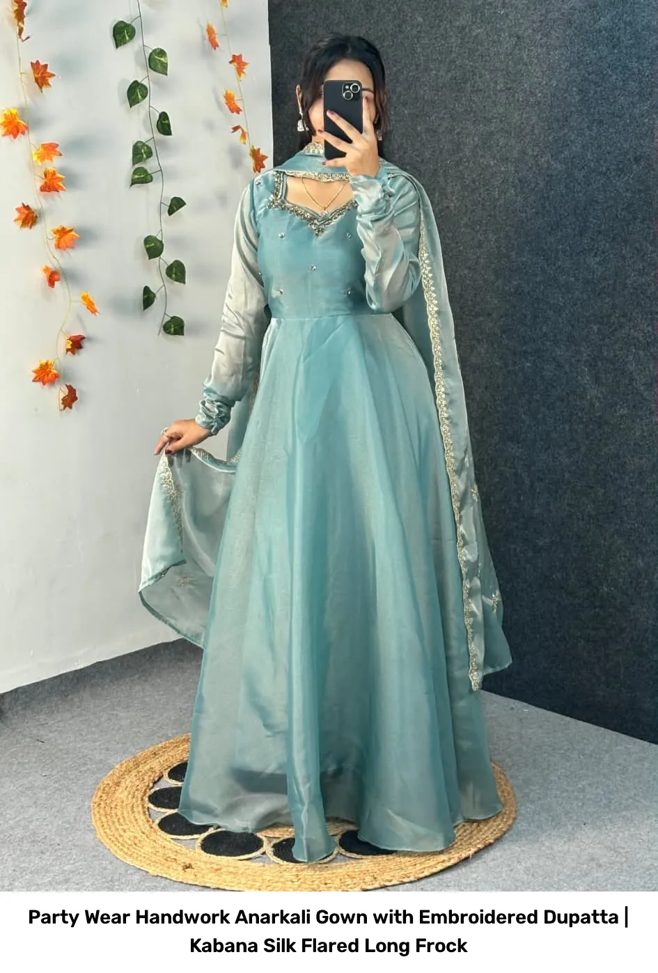 Party Wear Handwork Anarkali Gown with Embroidered Dupatta | Kabana Silk Flared Long Frock 8