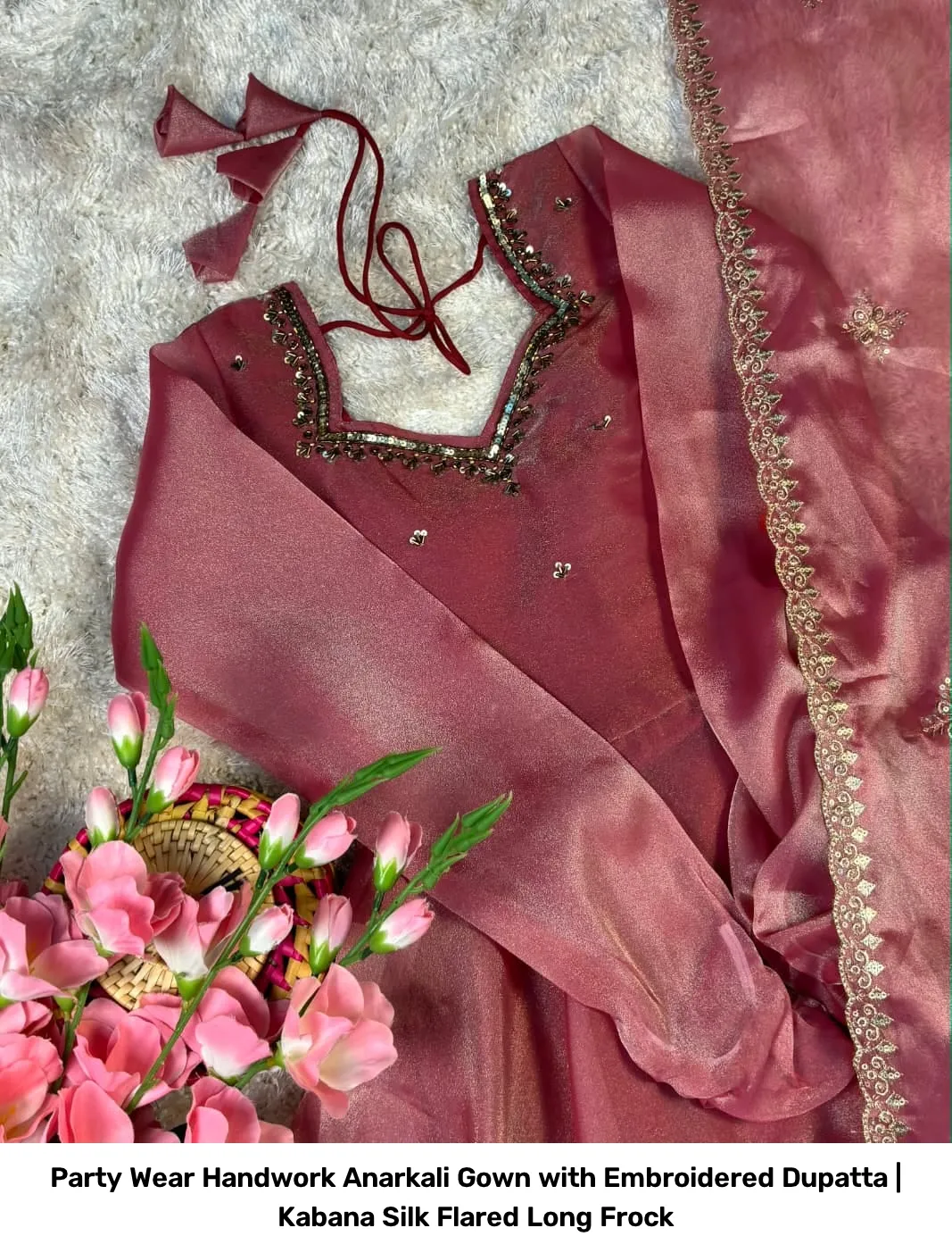 Party Wear Handwork Anarkali Gown with Embroidered Dupatta | Kabana Silk Flared Long Frock 9
