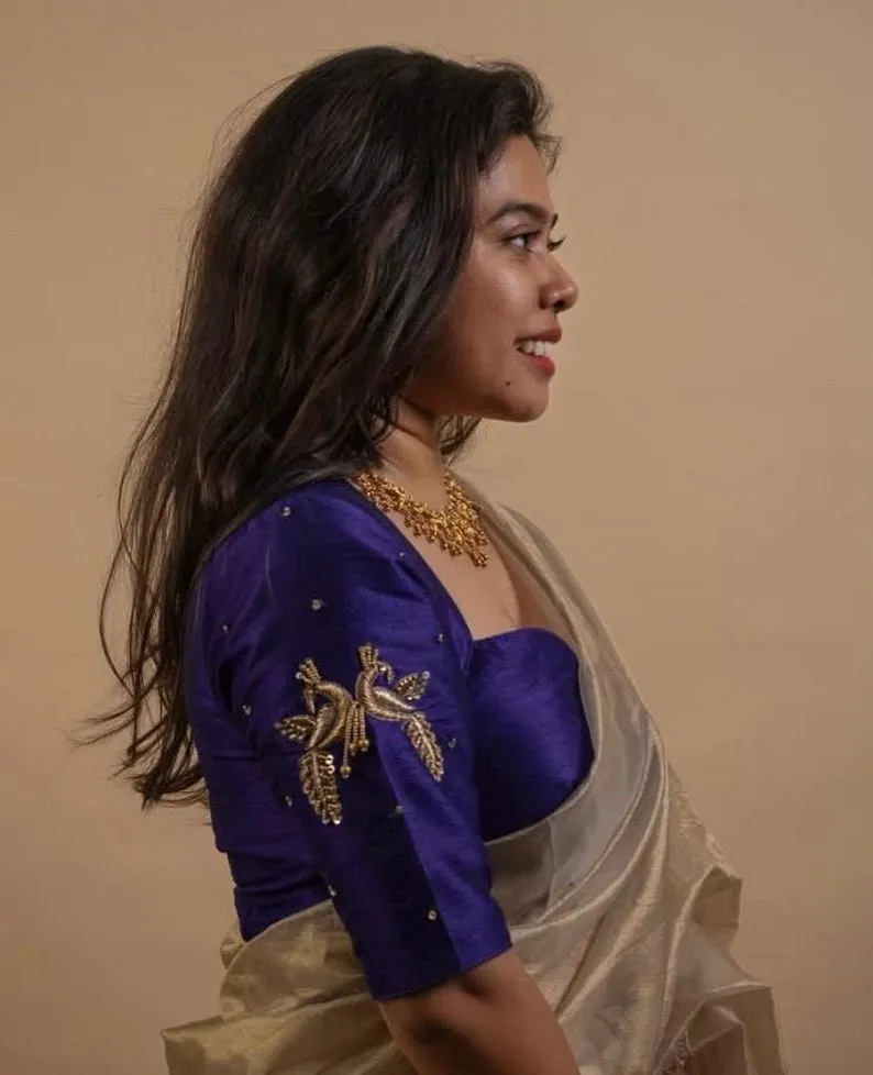 Party Wear Raw Silk Saree Blouse Embroidered Peacock Purple