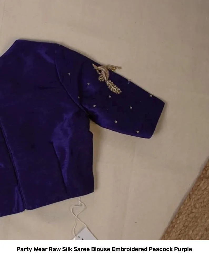 Party Wear Raw Silk Saree Blouse Embroidered Peacock Purple 2