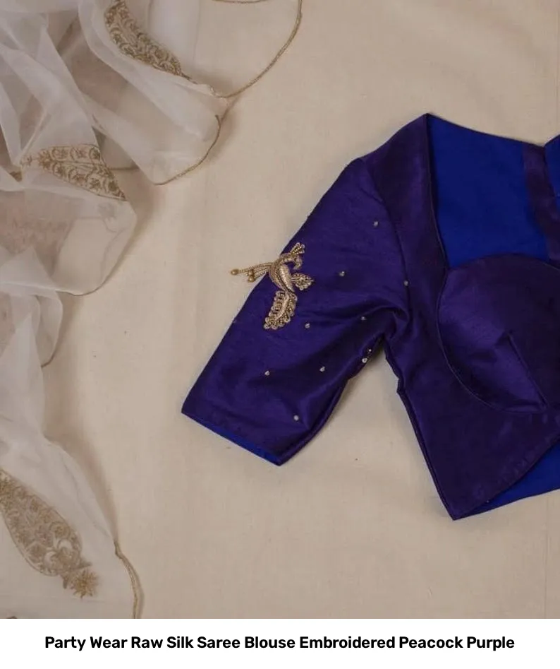 Party Wear Raw Silk Saree Blouse Embroidered Peacock Purple 3