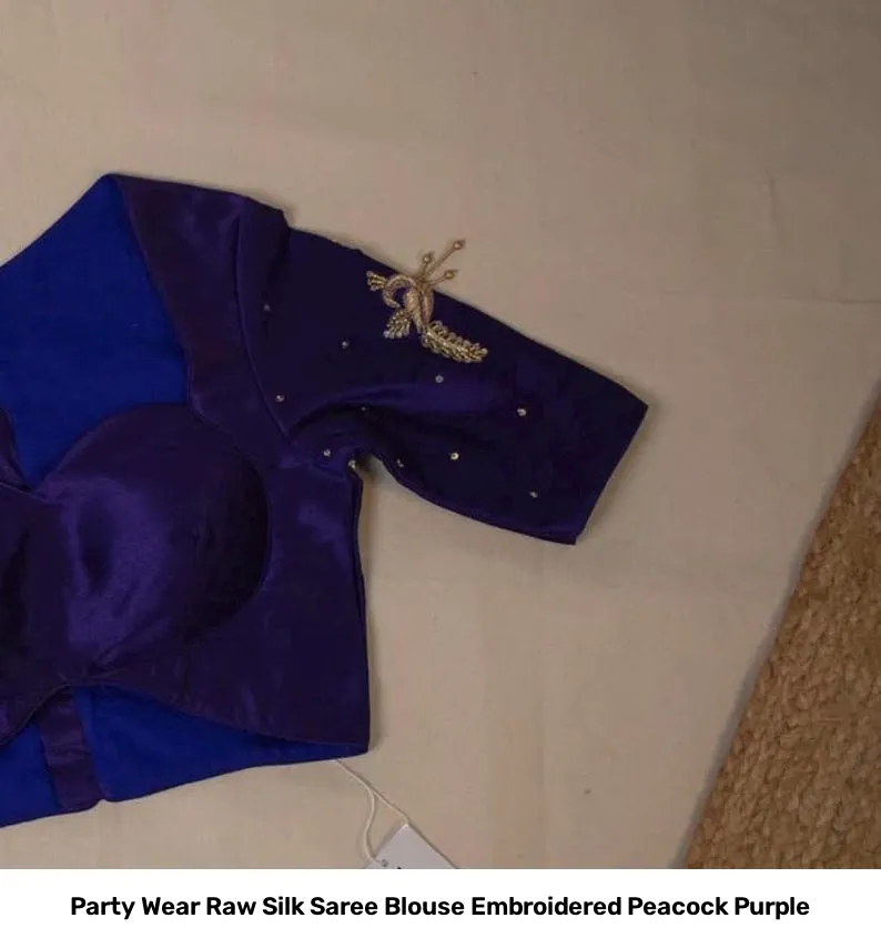 Party Wear Raw Silk Saree Blouse Embroidered Peacock Purple 4
