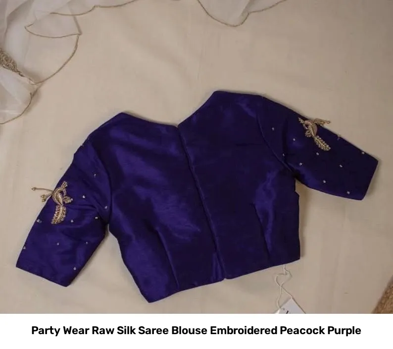 Party Wear Raw Silk Saree Blouse Embroidered Peacock Purple 5