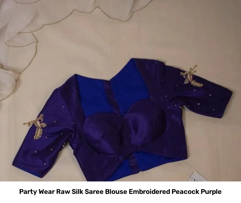 Party Wear Raw Silk Saree Blouse Embroidered Peacock Purple 6