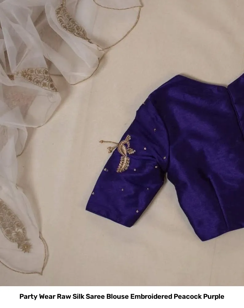 Party Wear Raw Silk Saree Blouse Embroidered Peacock Purple 7