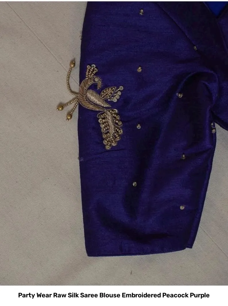 Party Wear Raw Silk Saree Blouse Embroidered Peacock Purple 8