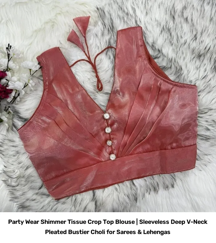 Party Wear Shimmer Tissue Crop Top Blouse | Sleeveless Deep V-Neck Pleated Bustier Choli for Sarees & Lehengas 10