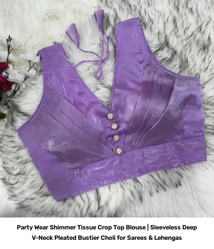 Party Wear Shimmer Tissue Crop Top Blouse | Sleeveless Deep V-Neck Pleated Bustier Choli for Sarees & Lehengas 3
