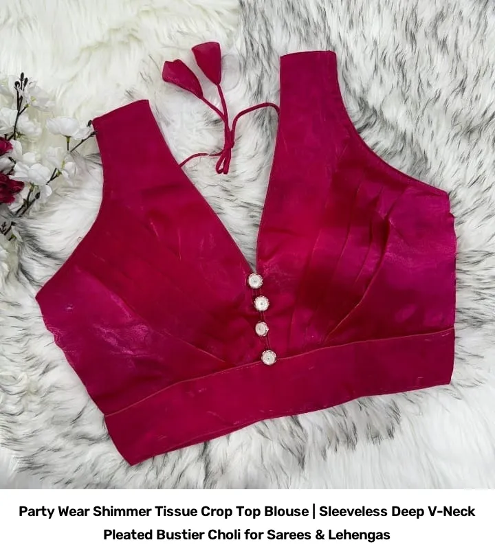 Party Wear Shimmer Tissue Crop Top Blouse | Sleeveless Deep V-Neck Pleated Bustier Choli for Sarees & Lehengas 6