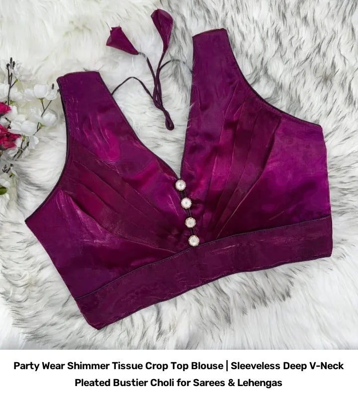 Party Wear Shimmer Tissue Crop Top Blouse | Sleeveless Deep V-Neck Pleated Bustier Choli for Sarees & Lehengas 9