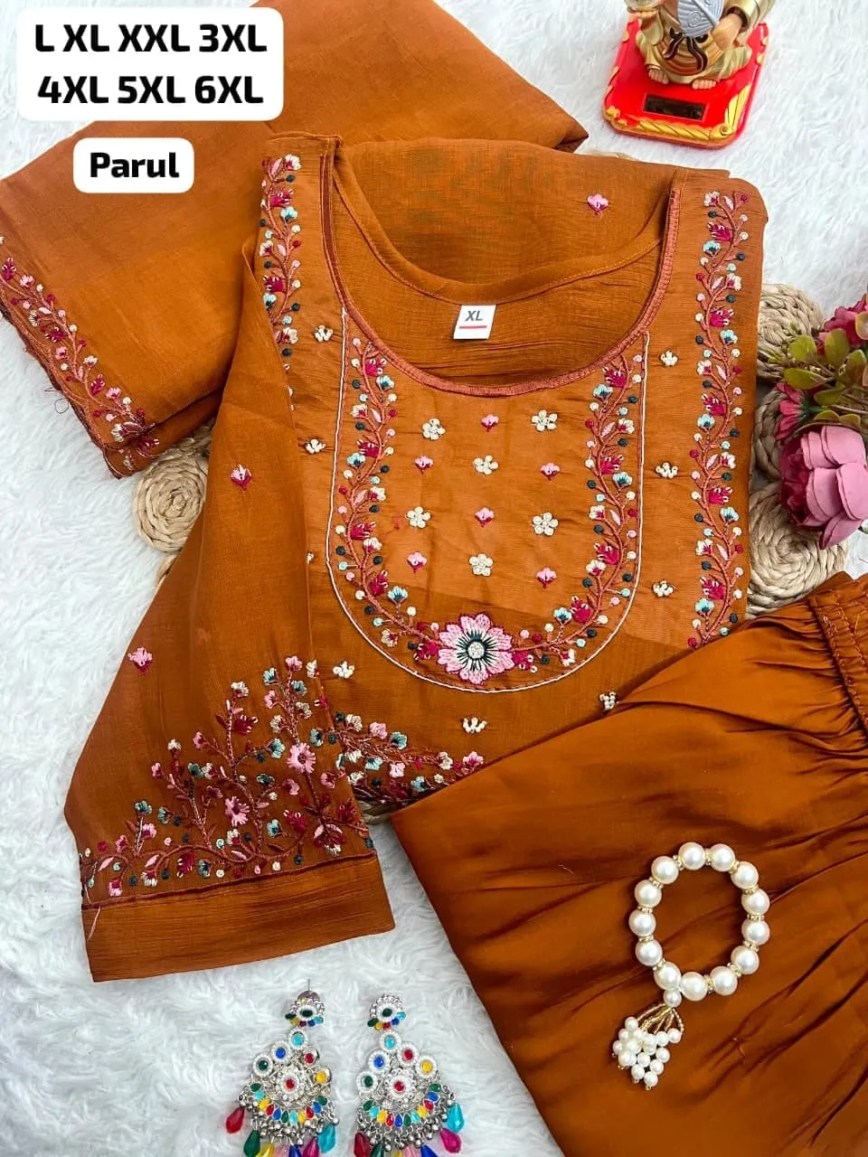 Parul Mull Chanderi Silk Hand Embroidered Kurta Pant Set with Scalloped Dupatta (Sizes M to 6XL)