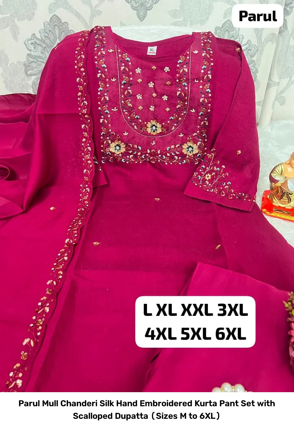 Parul Mull Chanderi Silk Hand Embroidered Kurta Pant Set with Scalloped Dupatta (Sizes M to 6XL) 10