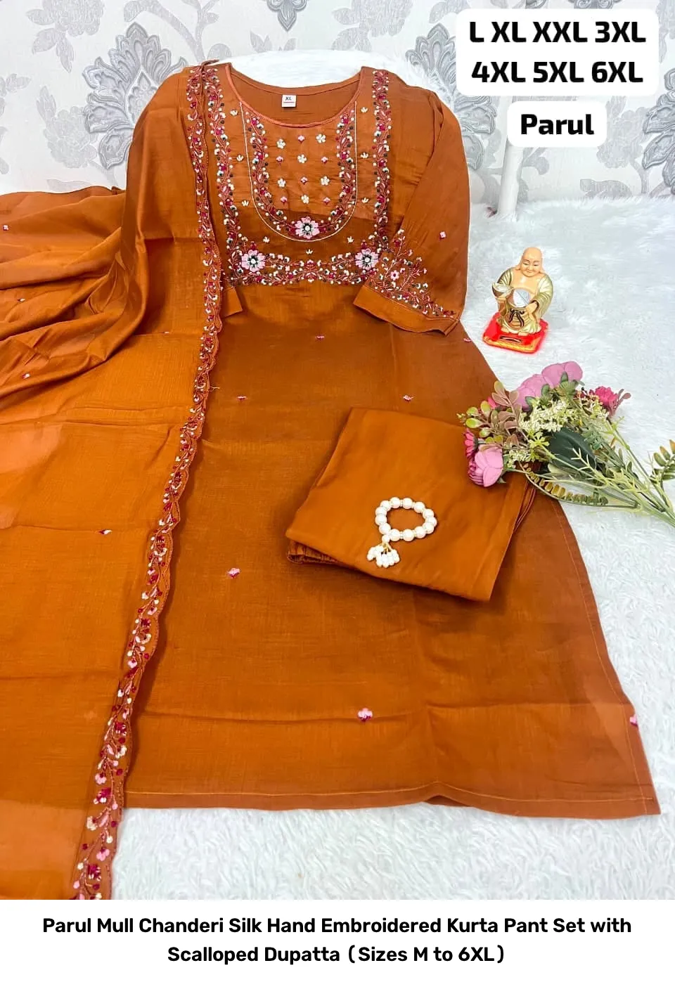 Parul Mull Chanderi Silk Hand Embroidered Kurta Pant Set with Scalloped Dupatta (Sizes M to 6XL) 11