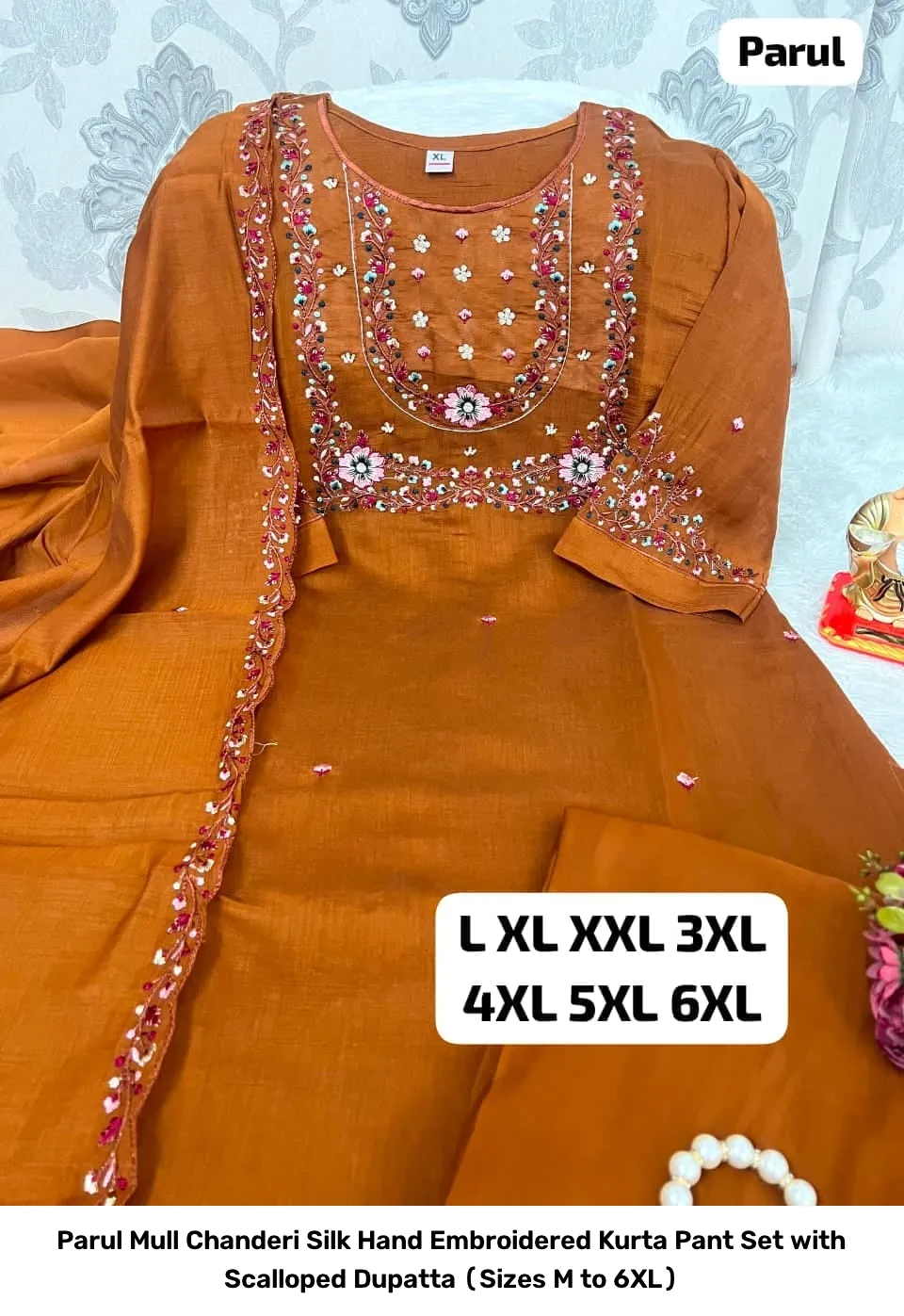 Parul Mull Chanderi Silk Hand Embroidered Kurta Pant Set with Scalloped Dupatta (Sizes M to 6XL) 2
