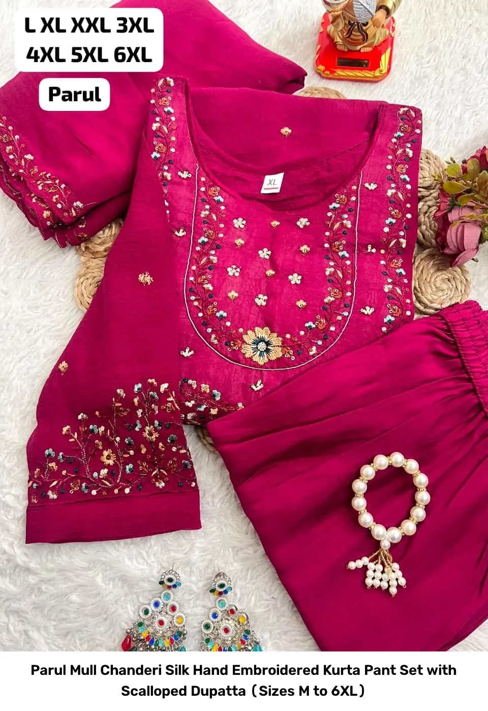 Parul Mull Chanderi Silk Hand Embroidered Kurta Pant Set with Scalloped Dupatta (Sizes M to 6XL) 3