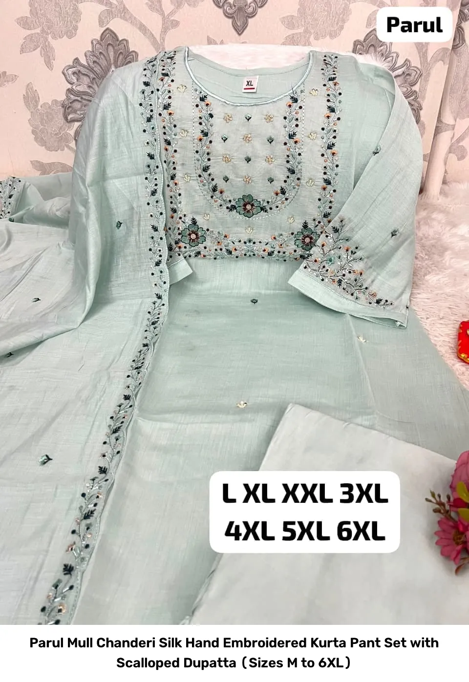 Parul Mull Chanderi Silk Hand Embroidered Kurta Pant Set with Scalloped Dupatta (Sizes M to 6XL) 4