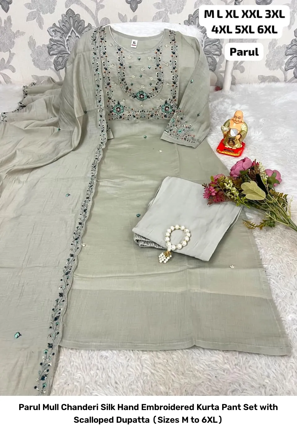 Parul Mull Chanderi Silk Hand Embroidered Kurta Pant Set with Scalloped Dupatta (Sizes M to 6XL) 5
