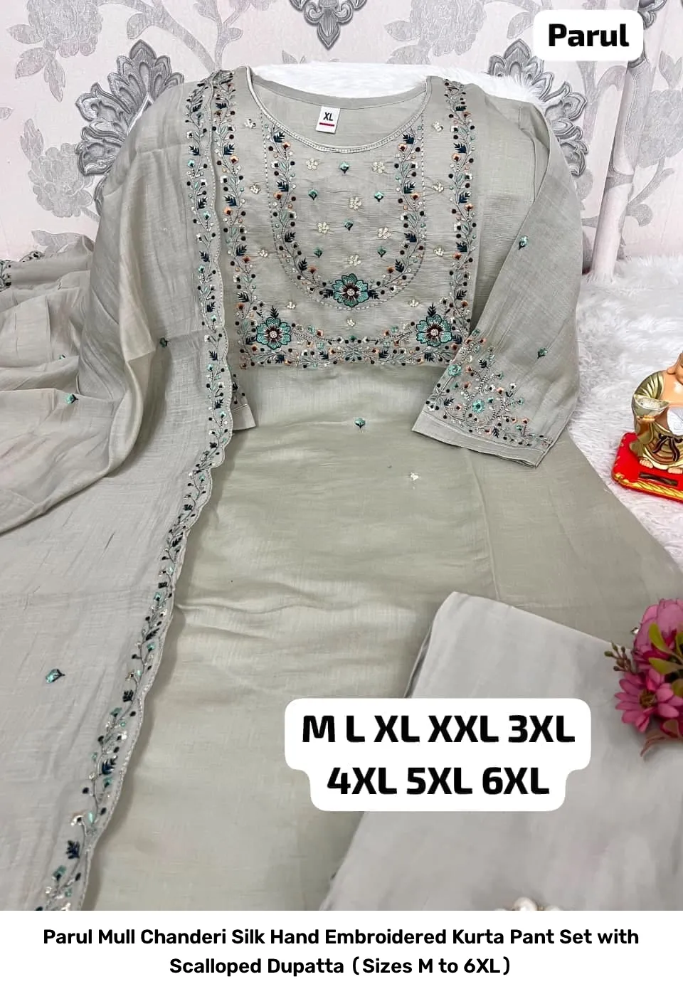 Parul Mull Chanderi Silk Hand Embroidered Kurta Pant Set with Scalloped Dupatta (Sizes M to 6XL) 6