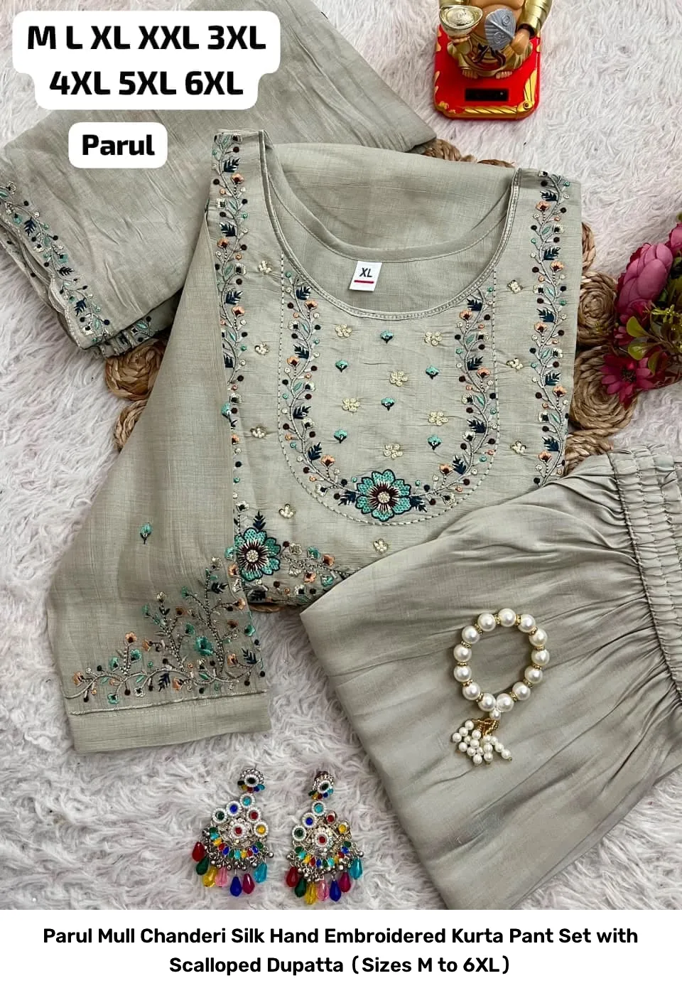 Parul Mull Chanderi Silk Hand Embroidered Kurta Pant Set with Scalloped Dupatta (Sizes M to 6XL) 7