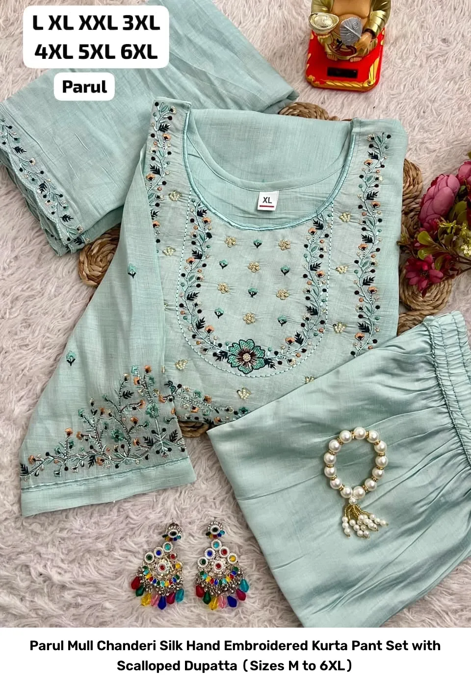 Parul Mull Chanderi Silk Hand Embroidered Kurta Pant Set with Scalloped Dupatta (Sizes M to 6XL) 8