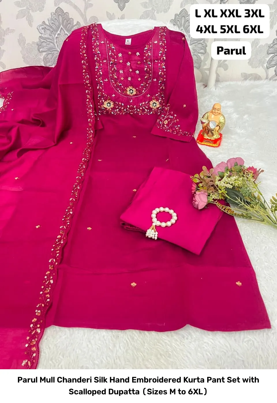 Parul Mull Chanderi Silk Hand Embroidered Kurta Pant Set with Scalloped Dupatta (Sizes M to 6XL) 9