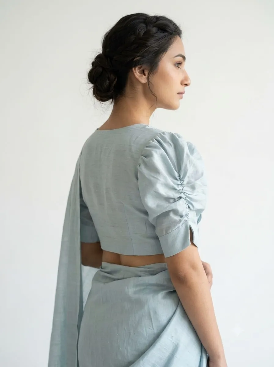 Pastel Blue Puff Sleeve Saree Blouse – Elegant Square Neck Readymade Blouse for Sarees & Lehengas