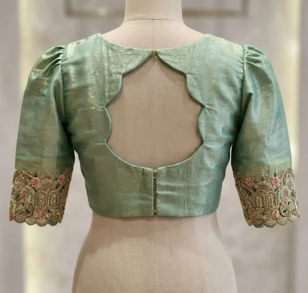 Pastel Mint Green Brocade Blouse with Scallop Cutout Back | Embroidered Puff Sleeve Saree Blouse